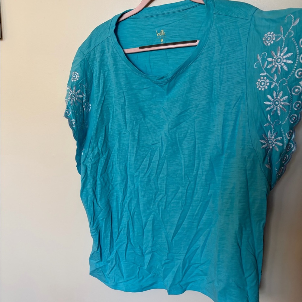 Elle Turquoise Embroidered Short Sleeve Top flutter sleeve